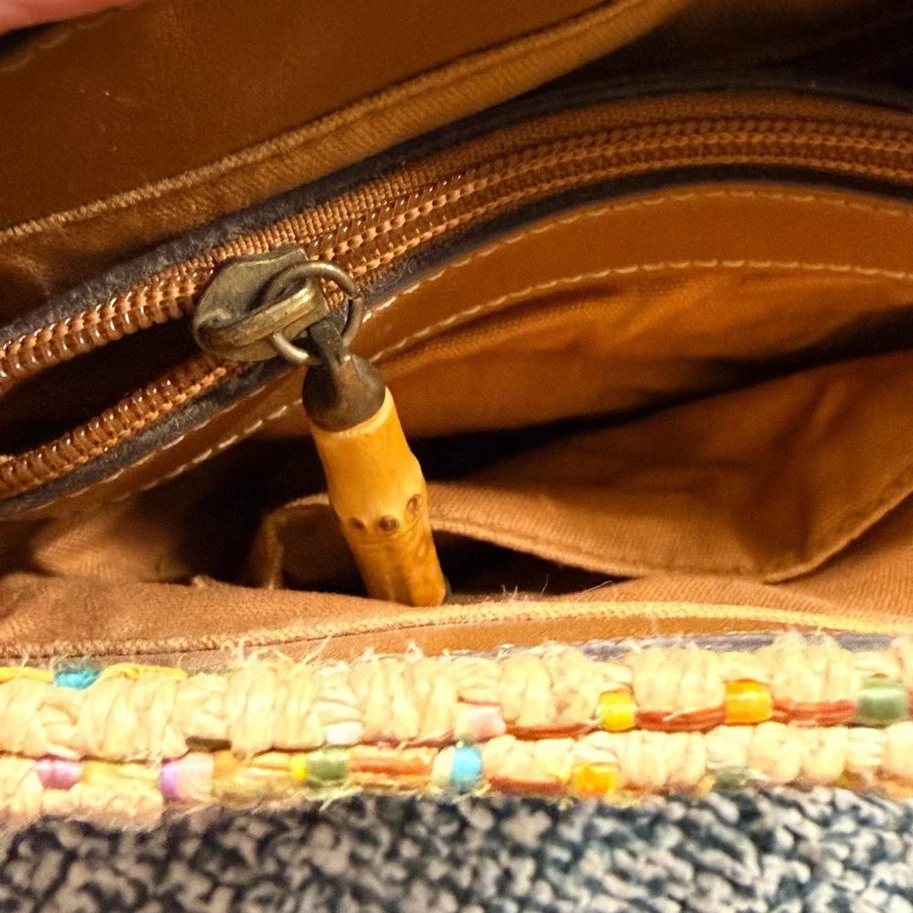 Fossil Multi-Color Woven Straw Leather Trim Shoulder Bag Tan Plaid Handbag